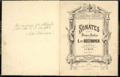 Sonates pour piano et violon de L. van Beethoven. Braunschweig Без даты. С дарственной надписью на обороте верхнего форзаца: «На память 2-го Августа 1908 года Б.О. Сибор. Лев Толстой». Автограф.