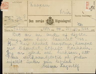 Legerlöf Selma. Телеграмма по поводу смерти Л. Н. Толстого